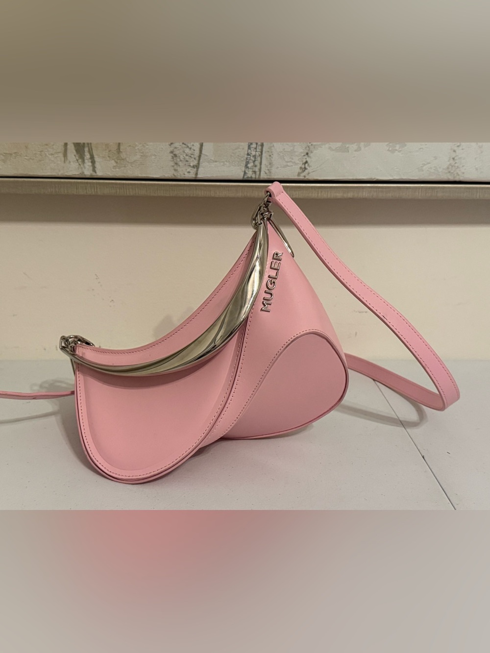 Mugler Small Spiral Curve 01 Embossed Crossbody Bag (Pink)
